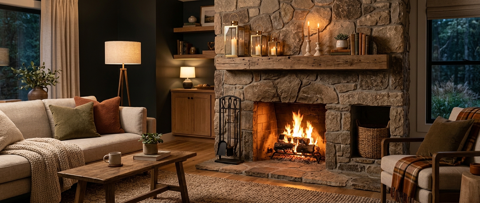 Warm fireplace with elegant tools and candle accessories in a cozy living room